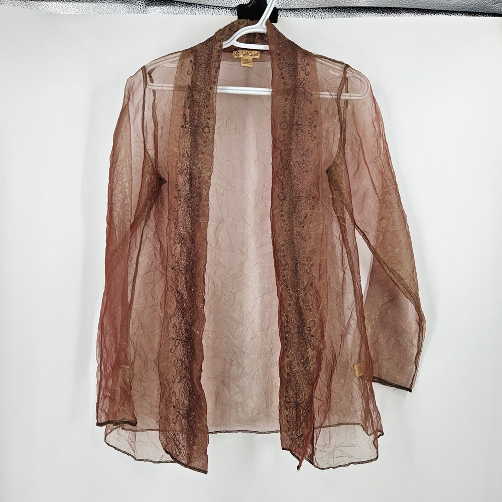 April Cornell Womens Mesh Cardigan Brown Sheer Embroidered Open Front Size XS